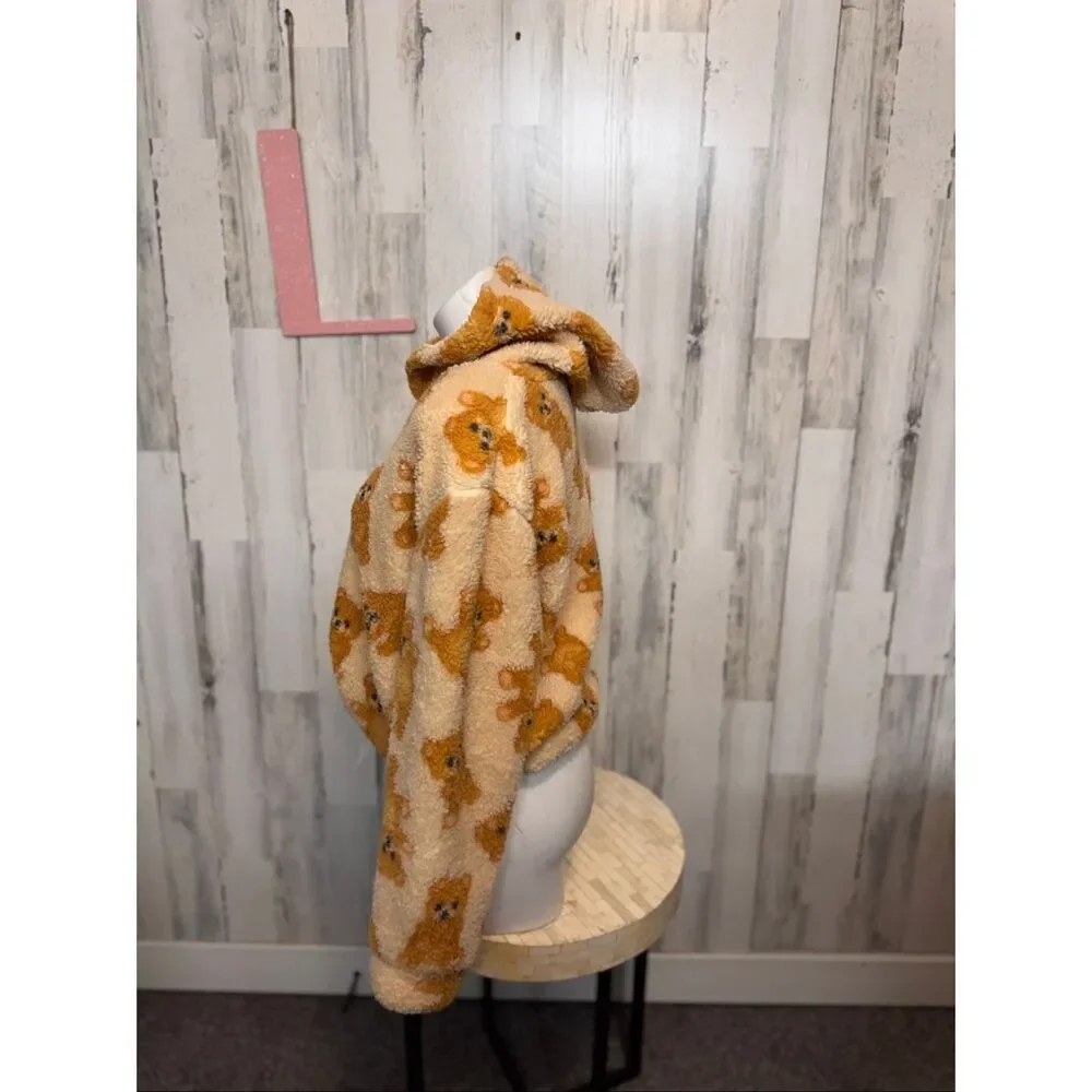 Be Storie Teddy Bear Sherpa Hoodie Cropped Pullover Size Large Cozy Cute